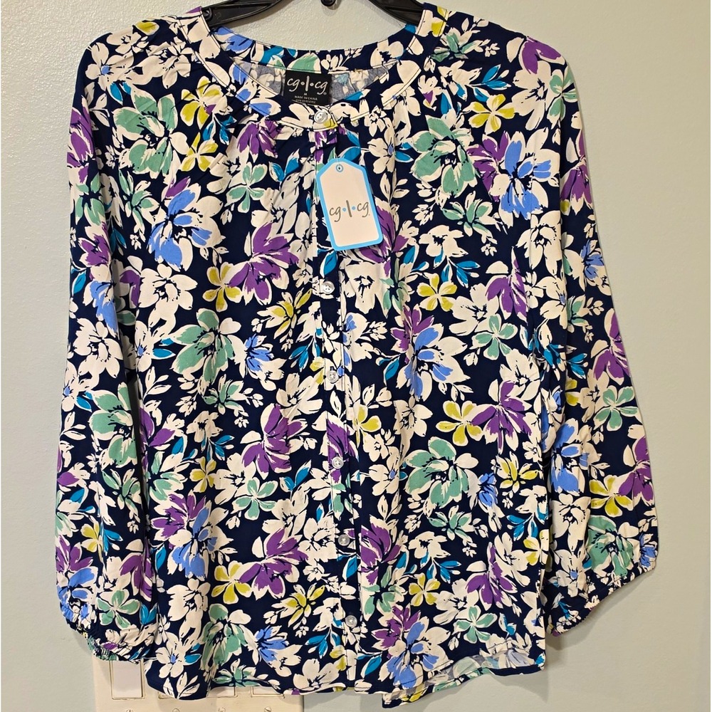 cg|cg Navy Floral Woven Rayon Round Neck Button Front 3/4 Sleeve Blouse M #369